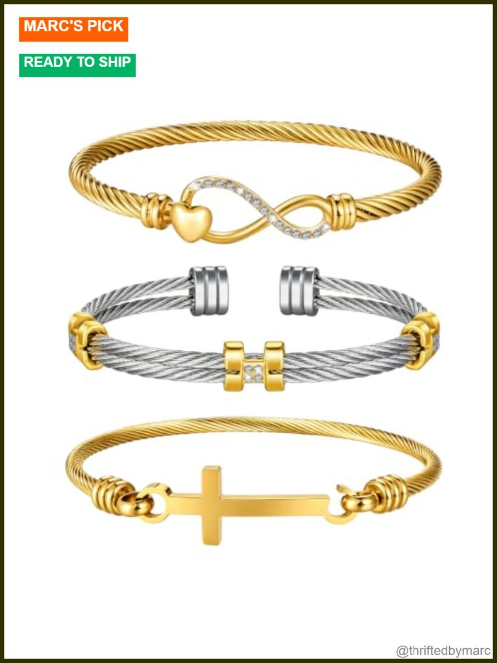 14K Gold Plated Stainless Steel Bracelet Set 3-Piece Stackable Cuff & Bangle
